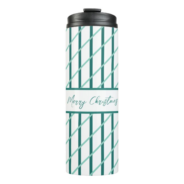 Cute Green Striped Merry Christmas Thermal Tumbler (Front)
