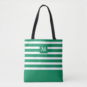 Cute Green Striped Monogram Beach Tote Bag