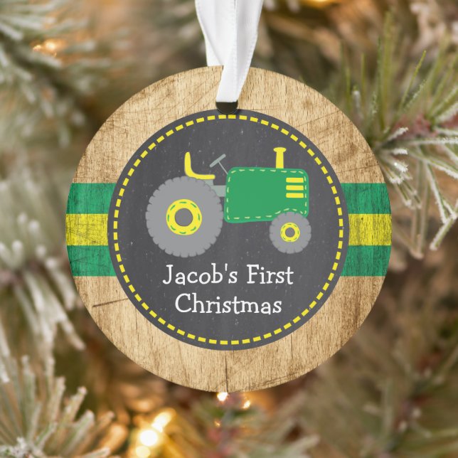 Cute Green Tractor Baby's First Christmas Rustic Ornament (Tree)