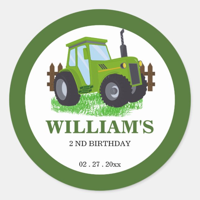 Cute Green Tractor Birthday Party  Classic Round Sticker (Front)