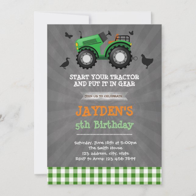 Cute green tractor birthday party invitation (Front)