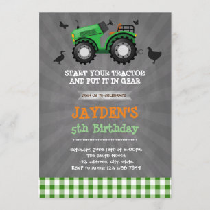 Cute green tractor birthday party invitation