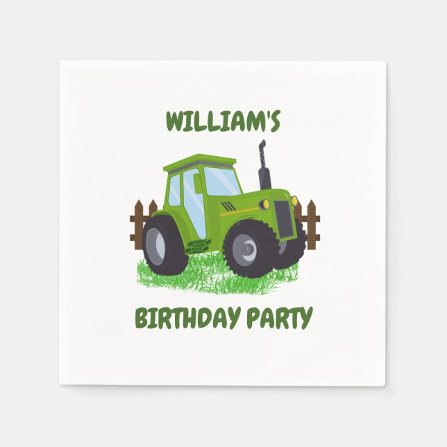 Cute Green Tractor Birthday Party  Napkin (Front)