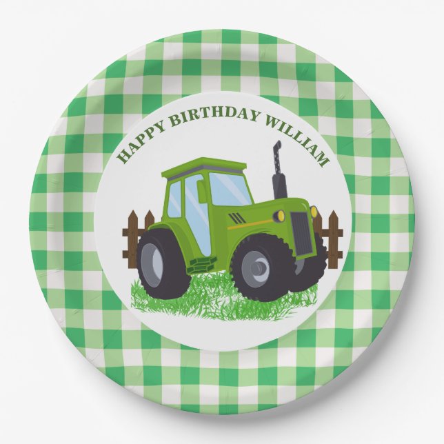 Cute Green Tractor Birthday Party  Paper Plate (Front)