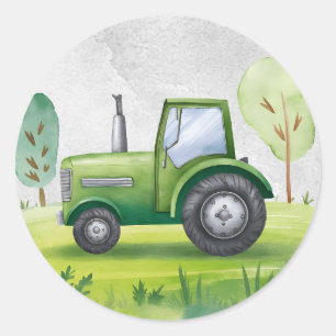 Cute Green Tractor Farm Watercolor Kids Classic Round Sticker