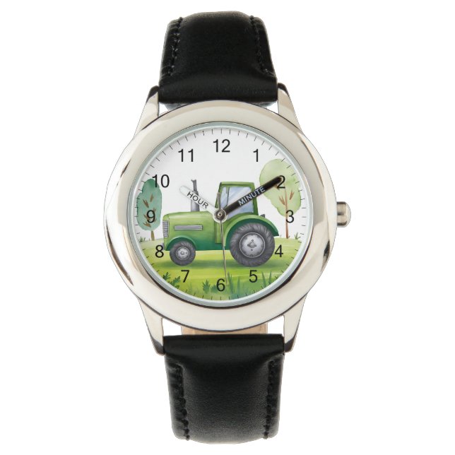 Cute Green Tractor Farm Watercolor Kids Watch (Front)