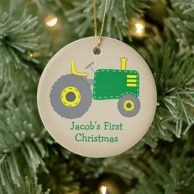 Cute Green Tractor First Christmas Kraft Photo Ceramic Tree Decoration (Tree)