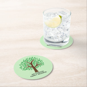 Cute Green Tree Custom Family Reunion Party Round Paper Coaster