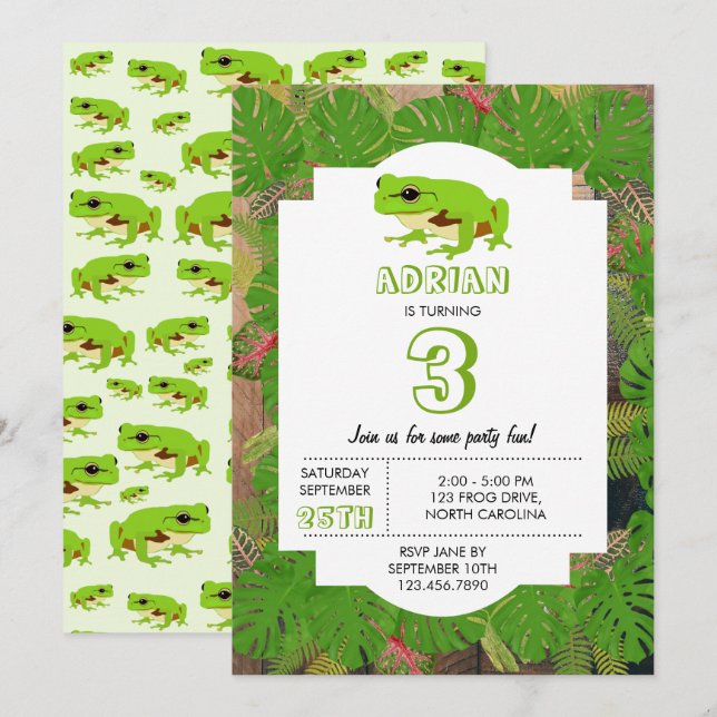 Cute Green Tree Frog Kids Birthday Party  Invitation (Front/Back)