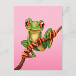 Cute Green Tree Frog on a Branch on Pink Postcard