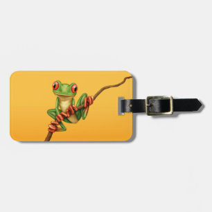 Cute Green Tree Frog on a Branch on Yellow Luggage Tag