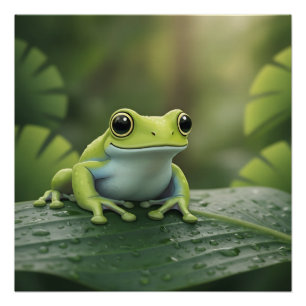 Cute Green Tree Frog on Leaf Poster