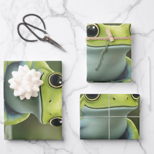 Cute Green Tree Frog on Leaf Wrapping Paper Sheet