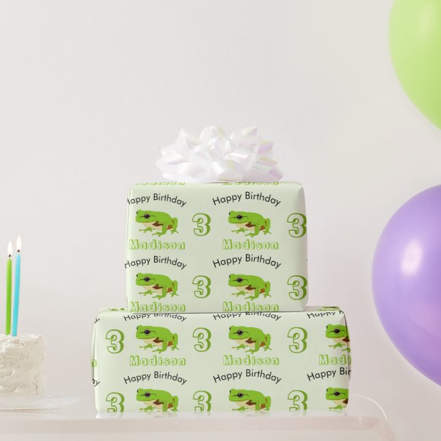 Cute Green Tree Frog Pattern Name Age Birthday  Wrapping Paper (Party Gifts)