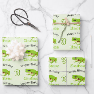 Cute Green Tree Frog Pattern Name Age Birthday Wrapping Paper Sheet