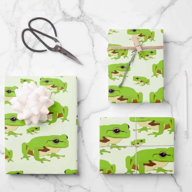Cute Green Tree Frog Pattern Wrapping Paper Sheet (Front)