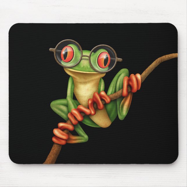 Cute Green Tree Frog with Eye Glasses on Black Mouse Mat (Front)