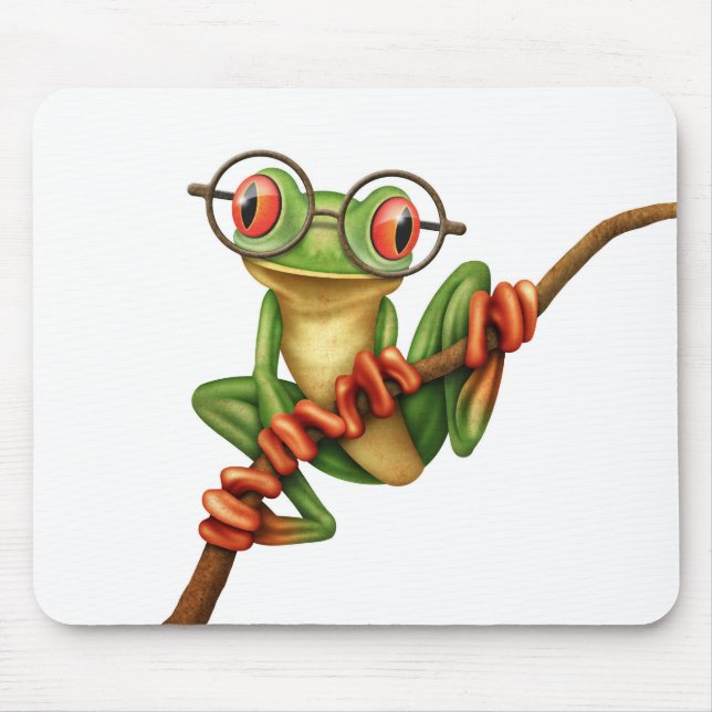 Cute Green Tree Frog with Eye Glasses on White Mouse Mat (Front)