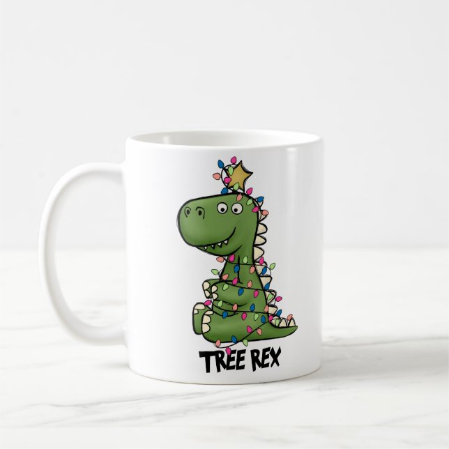 Cute Green Tree Rex Dino Merry Christmas Coffee Mug (Left)