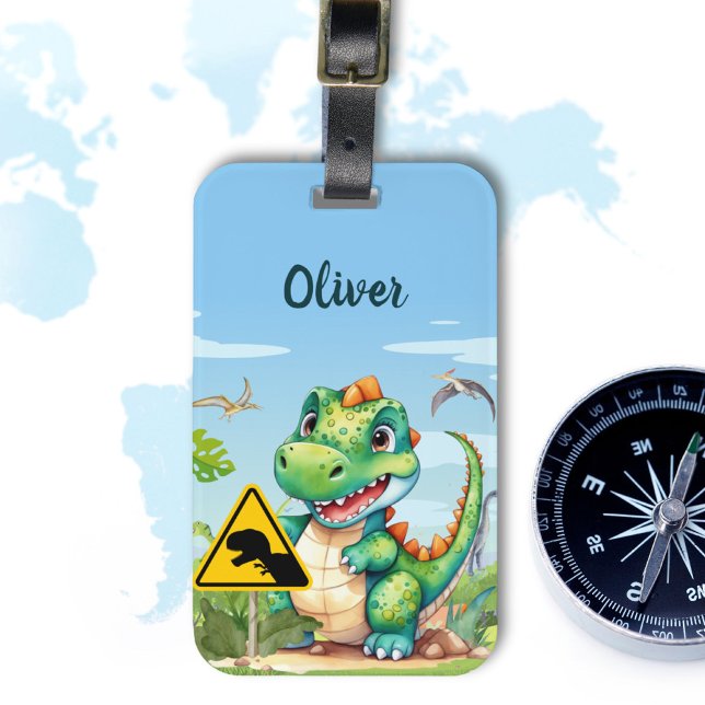 Cute Green Trex Dinosaur Personalised Luggage Tag (Creator Uploaded)
