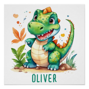 Cute Green Trex Dinosaur Personalised Poster