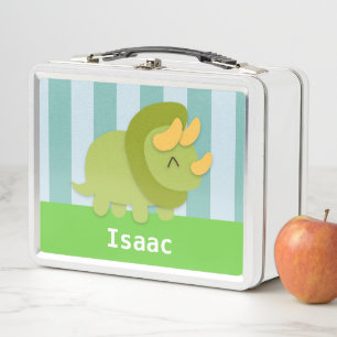 Cute Green Triceratops Kids Personalised Metal Lunch Box