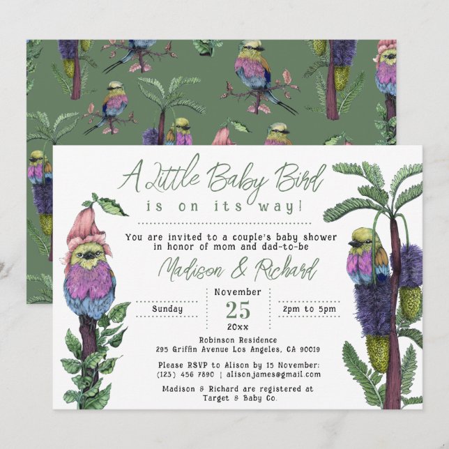 Cute Green Tropical Birds Couple's Baby Shower Invitation (Front/Back)