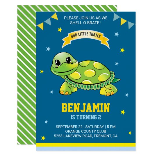 Cute Green Turtle Kids Birthday Party Invitation