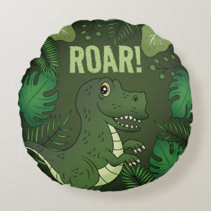 Cute Green Tyrannosaurus Rex Dinosaur & Roar Text Round Cushion