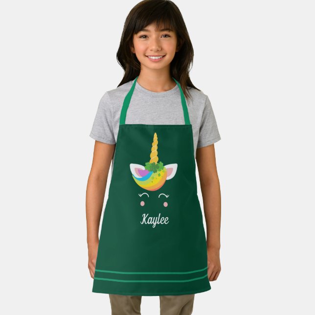 Cute Green Unicorn Irish Girl Custom Kids Apron (Insitu)