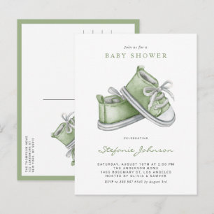 Cute Green Watercolor Baby Booties Baby Shower Invitation Postcard
