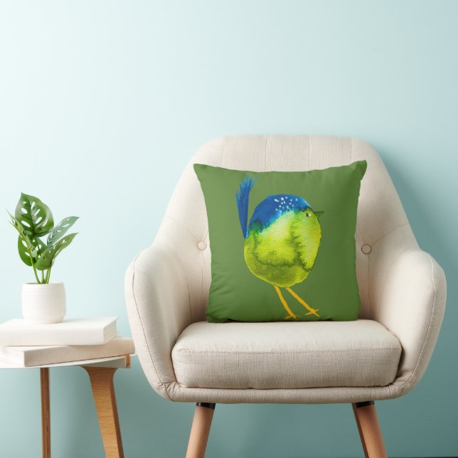 Cute green watercolor bird cushion (Chair)