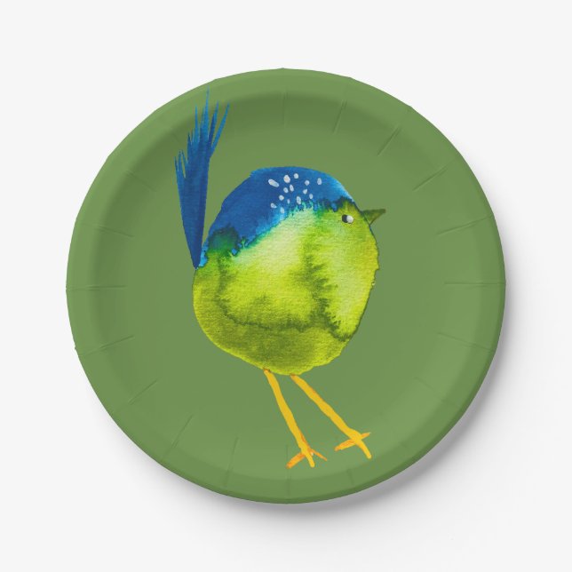 Cute green watercolor bird paper plate (Front)