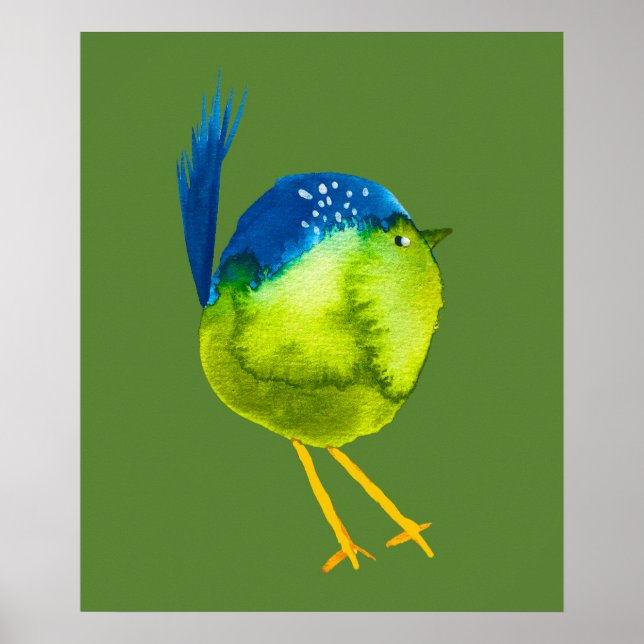 Cute green watercolor bird poster (Front)