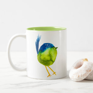 Cute green watercolor bird Two-Tone coffee mug