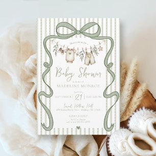 Cute Green Watercolor Bow Clothesline Baby Shower Invitation