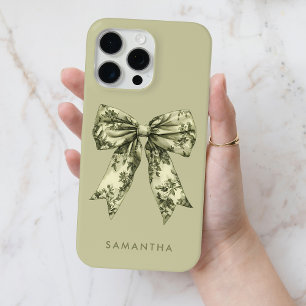 Cute Green Watercolor Coquette Toile Bow with Name iPhone 15 Pro Max Case