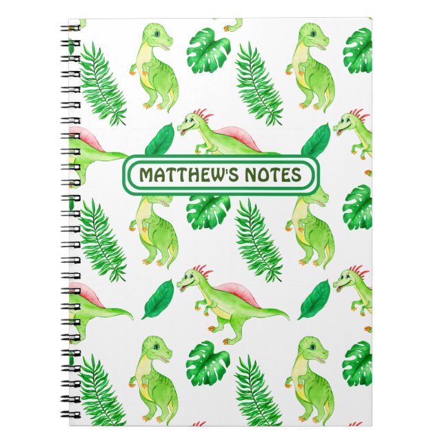 Cute Green Watercolor Jungle Dinosaur Pattern  Notebook (Front)