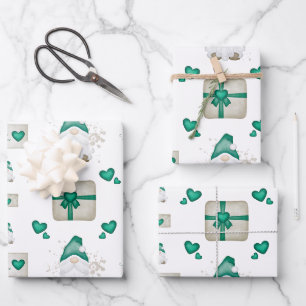 Cute Green Watercolor Kids Christmas Gnome Wrapping Paper Sheet
