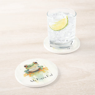 Cute Green Watercolor Tree Frog, custom Coaster