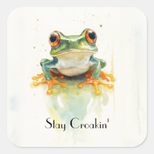 Cute Green Watercolor Tree Frog, custom Square Sticker
