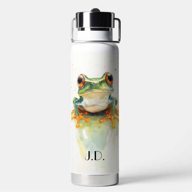 Cute Green Watercolor Tree Frog, custom Water Bottle (Back)