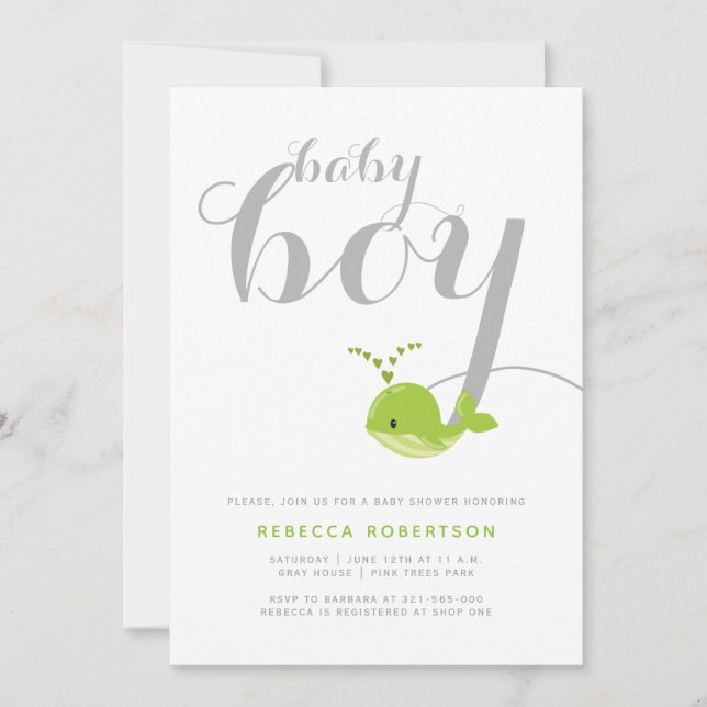 Cute green whale typography baby boy shower invitation (Front)