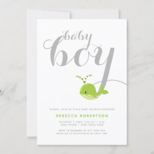 Cute green whale typography baby boy shower invitation
