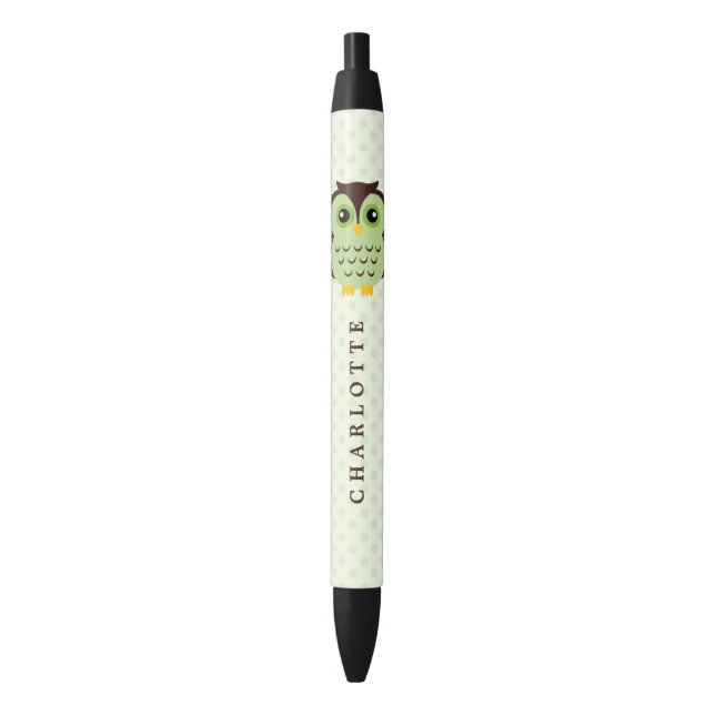 Cute Green Whimsical Owl Black Ink Pen (Front Vertical)