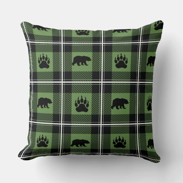 Cute Green White & Black Bear and Paw Flannel Cushion (Front)