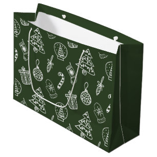 Cute Green White Doodle Christmas  Large Gift Bag
