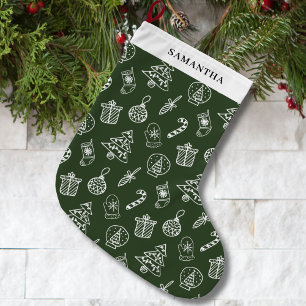 Cute Green White Doodle Large Christmas Stocking