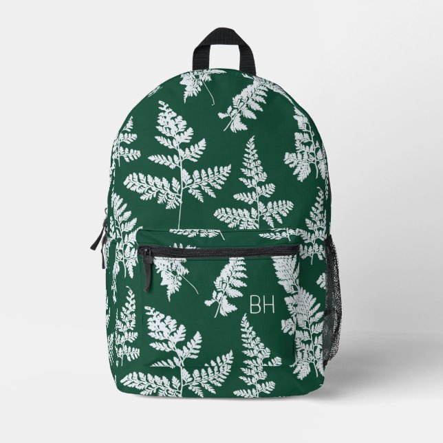 Cute Green White Fern Pattern Monogram Initials Printed Backpack (Front)