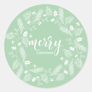 Cute Green & White Pine and Holly Christmas Classic Round Sticker